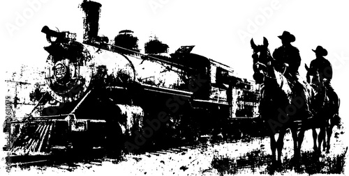 Black ink silhouette of steam locomotive with cowboy riders in rustic setting