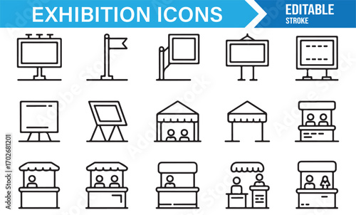 Editable vector icons of exhibition stalls, trade show kiosks, event tents, and advertising signs