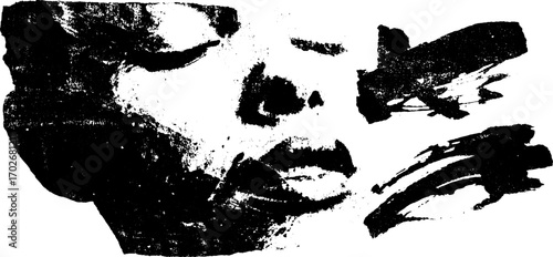Surreal black ink silhouette of collage mask with grunge texture