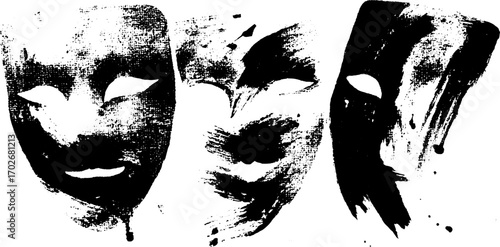 Surrealistic black ink silhouette of collage masks art