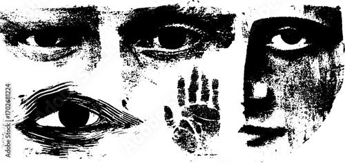 Surreal black ink silhouette portrait collage for artistic design