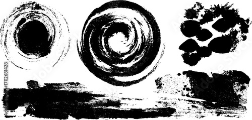 Surreal psychedelic landscape with black ink silhouettes and abstract designs