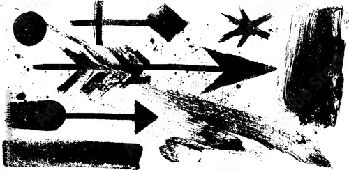 Grunge arrow silhouettes with black ink splatter for urban design
