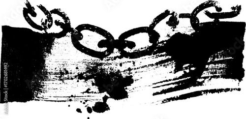 Grunge banner with hanging chains in black ink silhouette for urban art design