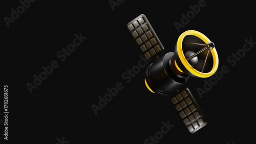 3D satellite rotating animation on black background. Text placeholder. Modern communication technology concept. Perfect for tech or sci-fi. 4K