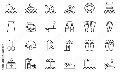 Vector outline icon collection of swimming gear, pool safety, snorkeling, summer vacation, and beach leisure illustrations