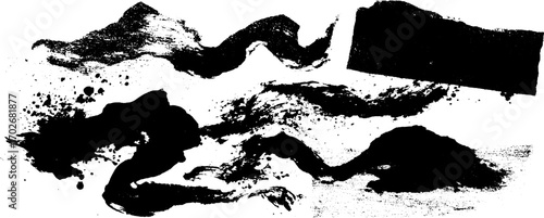 Abstract fractal silhouette with black ink patterns and textured brush strokes
