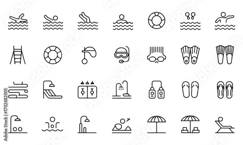 Swimming and water activity icon pack with minimalist line drawings of poolside fun, diving, beach relaxation, and aquatic sports