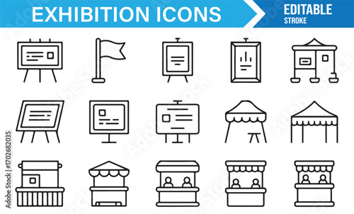 Minimal outline icons of exhibition booths, fair tents, kiosks, and promotional structures