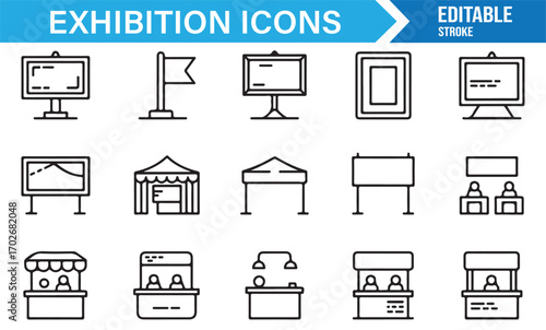 Set of exhibition and trade show icons including display boards, tents, stalls, and pavilions