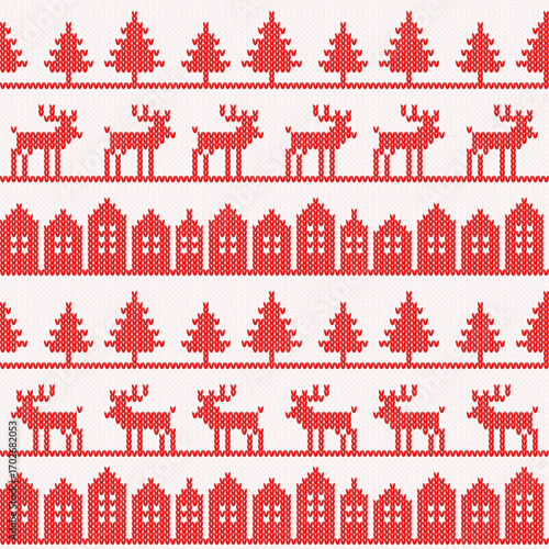 Knitted red Christmas background. Houses, reindeer and christmas trees seamless pattern. Texture for fabric, wrapping, wallpaper. Decorative print