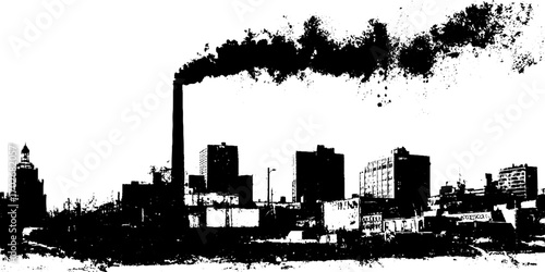 Urban silhouette with graffiti on industrial skyline in black ink