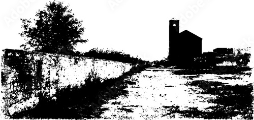 Black ink silhouette of urban wall with graffiti for artistic street design