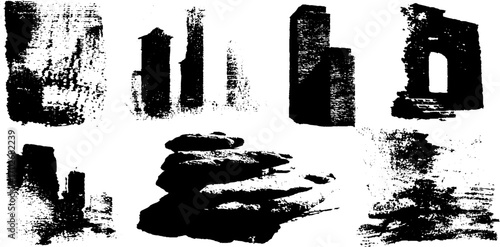Grunge urban silhouette of abandoned buildings and structures for artistic design