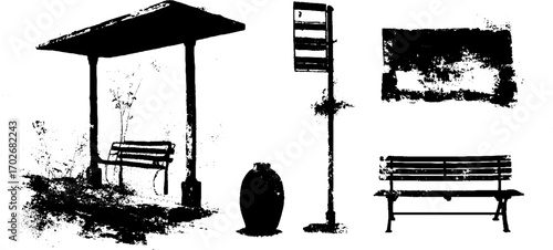 Black ink silhouette set of abandoned station elements for urban design projects