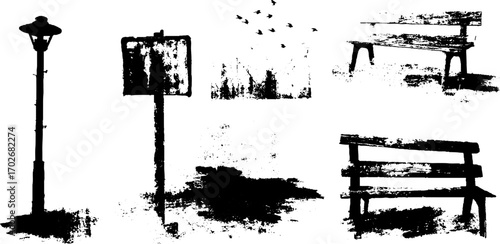 Urban grunge silhouette set of abandoned stations and benches