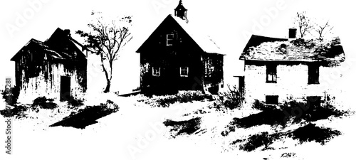 Black ink silhouette set of abandoned buildings - urban decay and architectural silhouettes