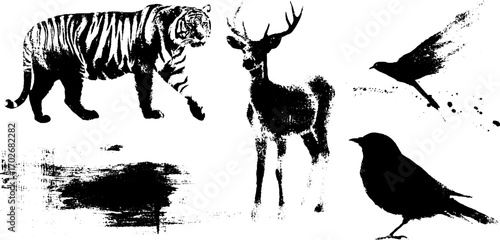 Black ink silhouette collection of abstract wildlife animals
