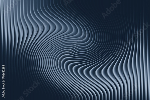 Illustration of abstract swirling metallic blue background with layered ribbed texture and dramatic lighting, elegant motion