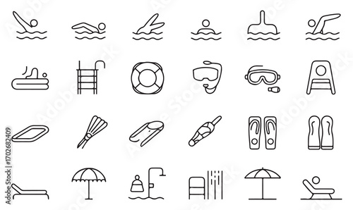 Line icon set of swimming, diving, snorkeling, pool equipment, and summer beach holiday leisure symbols in outline vector style