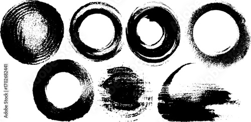 Black ink silhouette set of abstract circular brush strokes for artistic design