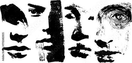 Abstract black ink silhouette of fragmented masks for artistic decor