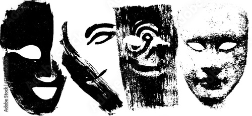 Mysterious black ink silhouette set of abstract masks fragment