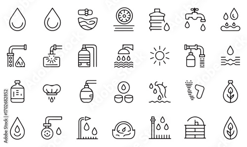 Outline water icons collection showing drops, filters, storage tanks, faucets, and eco conservation for environment and plumbing design