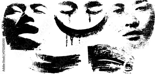 Black ink silhouette set with acid smiley and abstract faces for urban design