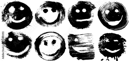 Grunge abstract set of black ink smiley faces with acid influence for unique design projects
