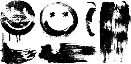 Grunge silhouette set with acid smiley faces for urban art design