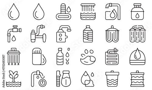 Water conservation and purification icon set with taps, drops, filters, and eco-friendly sustainability symbols for utilities and environment concepts