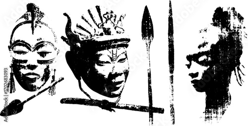 African culture masks and spear ink silhouettes for art and design