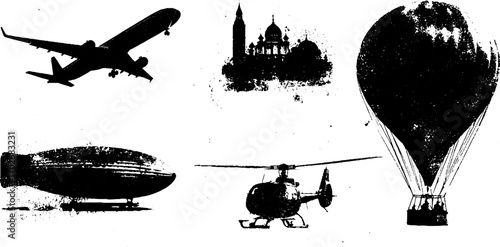 Black ink air transport silhouette set featuring airplane, helicopter, hot air balloon, and airship