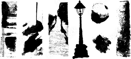 Black ink silhouette set featuring alley shadows and street scenes for urban design concepts