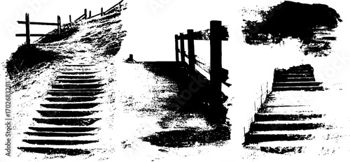 Black ink silhouette of alley with stairs - urban grunge concept for design