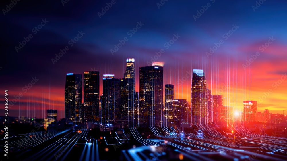 Obraz premium Stunning sunset over a vibrant city skyline with digital lines, showcasing modern architecture and technology