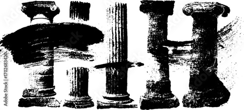 Black ink silhouette set of antique doric columns with artistic brush strokes