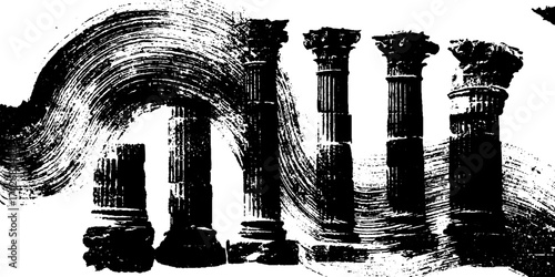 Black ink silhouette of antique doric columns with grunge brushstroke for historical art design