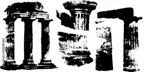 Black ink silhouette of antique doric columns set for historic and architectural design