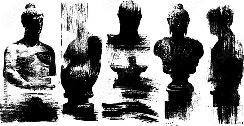 Vintage artistic silhouettes of venus statues with textured grunge and ink effects