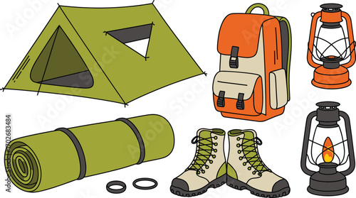 Camping Equipment Illustration with Tent, Backpack, Boots, Sleeping Mat, Lanterns and Rings for Outdoor Hiking and Adventure Travel