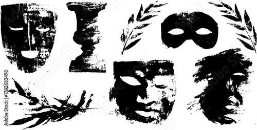 Black ink silhouettes of antique symbols and masks for design and decoration