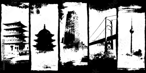 Black ink silhouette set of architectural landmarks for urban art design