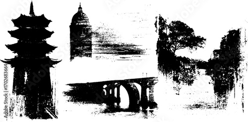 Black ink silhouette set of architectural engravings featuring landmarks
