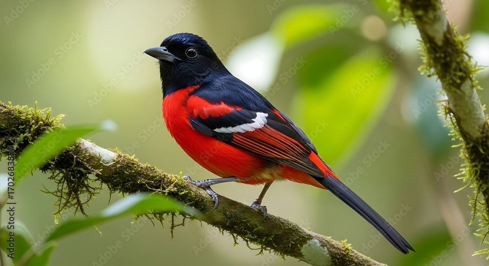 Fototapeta premium Vibrant Scarlet Tanager Perched on Mossy Branch in Lush Forest.
