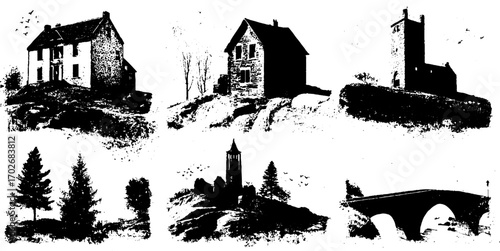 Black ink silhouette set of architectural houses and structures for urban design