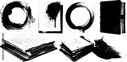 Grunge black ink silhouette set of archive folders and documents for artistic design