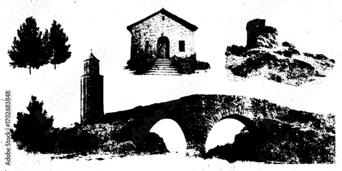 Black ink silhouette of architectural structures and nature elements for creative design