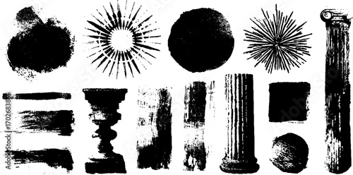 Black ink silhouette art deco ornament collection with bold geometric patterns